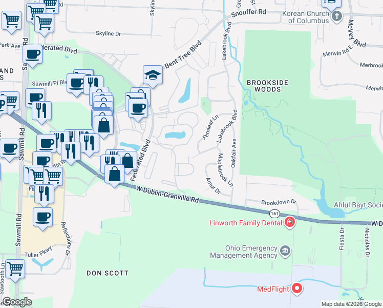 map of restaurants, bars, coffee shops, grocery stores, and more near 2278 Viburnum Lane in Columbus