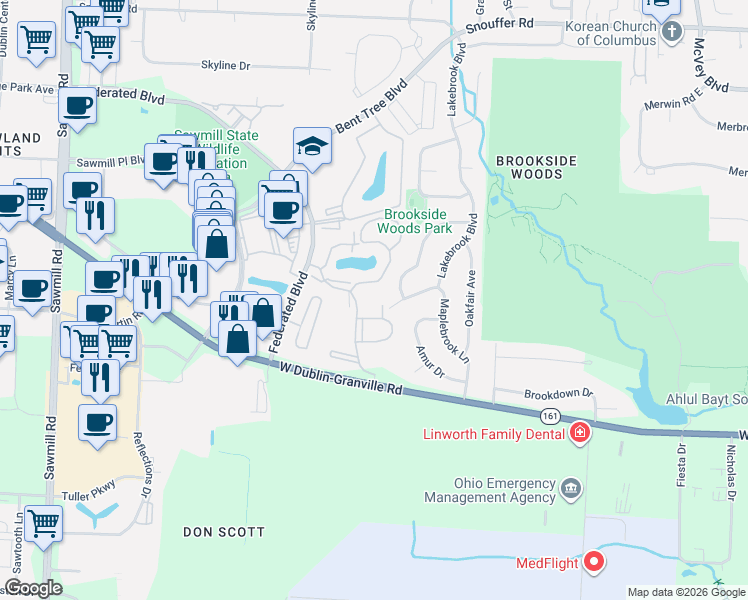 map of restaurants, bars, coffee shops, grocery stores, and more near 2278 Viburnum Lane in Columbus