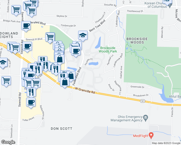 map of restaurants, bars, coffee shops, grocery stores, and more near 6789 Meadow Creek Drive in Columbus