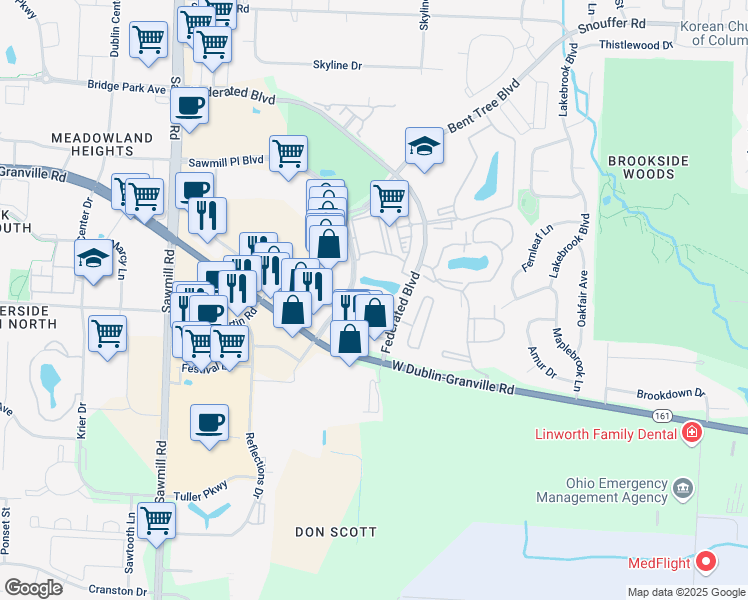 map of restaurants, bars, coffee shops, grocery stores, and more near 3500 Trillium Crossing in Columbus
