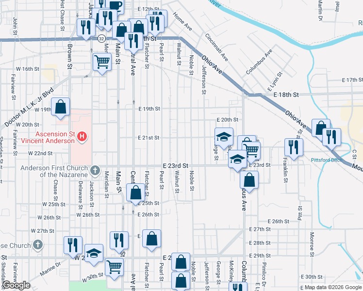 map of restaurants, bars, coffee shops, grocery stores, and more near 2114 Walnut Street in Anderson