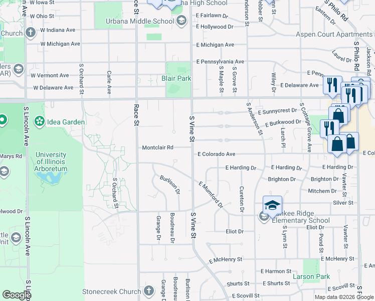 map of restaurants, bars, coffee shops, grocery stores, and more near 27 Montclair Road in Urbana