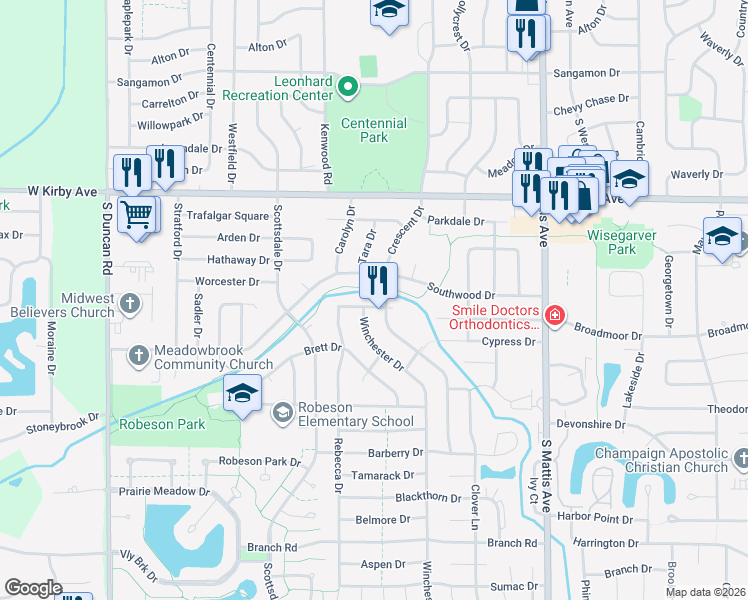 map of restaurants, bars, coffee shops, grocery stores, and more near 2212 Broadmoor Drive in Champaign