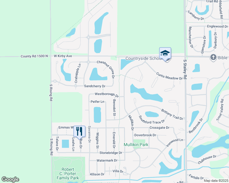 map of restaurants, bars, coffee shops, grocery stores, and more near 4704 Westborough Drive in Champaign
