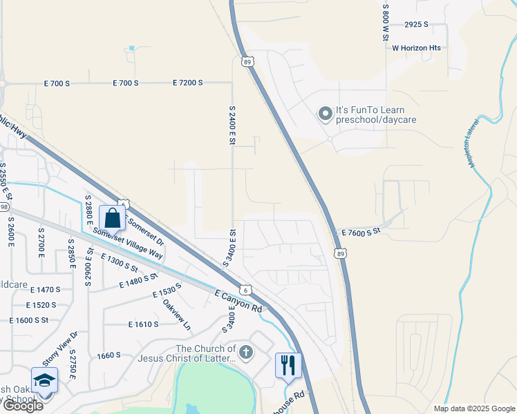 map of restaurants, bars, coffee shops, grocery stores, and more near 3488 East 1120 South in Spanish Fork