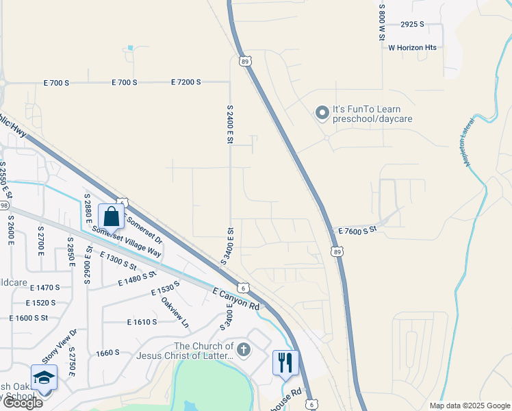 map of restaurants, bars, coffee shops, grocery stores, and more near 3488 East 1120 South in Spanish Fork