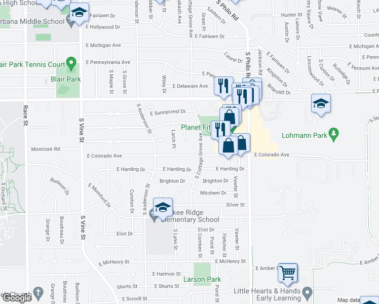 map of restaurants, bars, coffee shops, grocery stores, and more near 1002B East Colorado Avenue in Urbana
