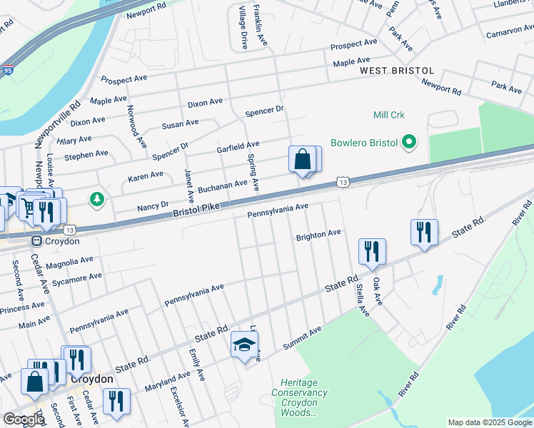 map of restaurants, bars, coffee shops, grocery stores, and more near 210 Harris Avenue in Croydon