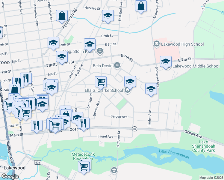 map of restaurants, bars, coffee shops, grocery stores, and more near 322 East 5th Street in Lakewood