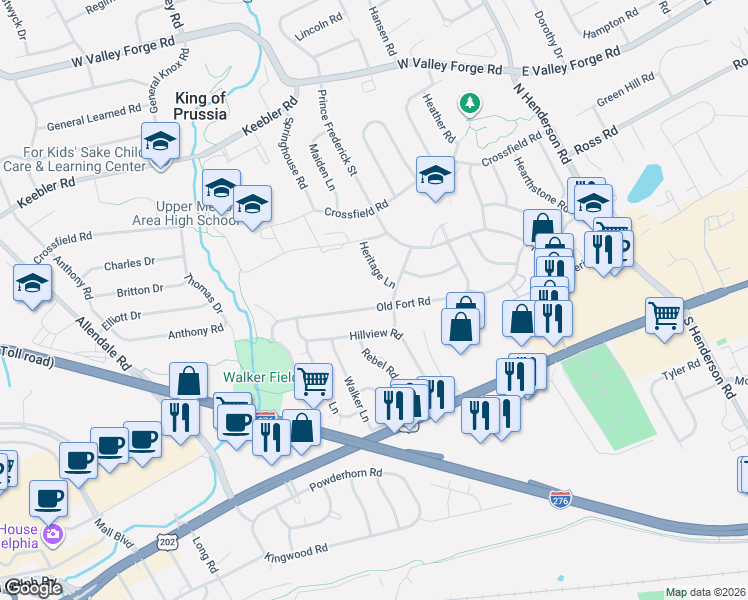map of restaurants, bars, coffee shops, grocery stores, and more near 418 Old Fort Road in King of Prussia