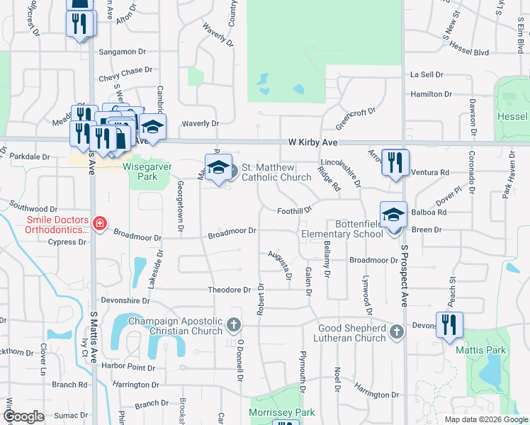 map of restaurants, bars, coffee shops, grocery stores, and more near 1213 Foothill Dr in Champaign