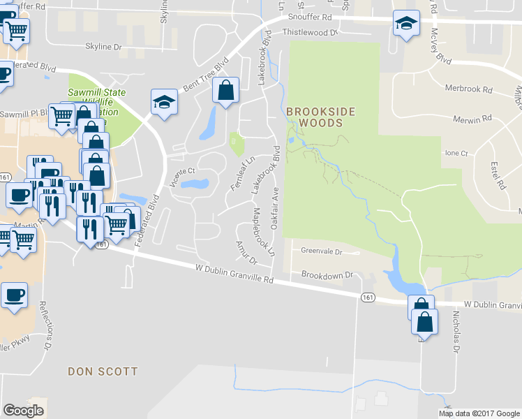 map of restaurants, bars, coffee shops, grocery stores, and more near 6804 Maplebrook Lane in Columbus