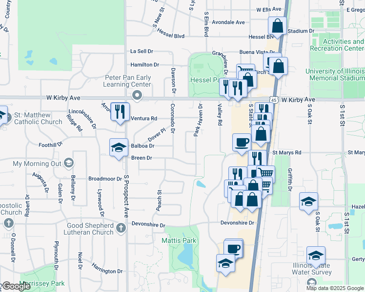 map of restaurants, bars, coffee shops, grocery stores, and more near 1727 Westhaven Drive in Champaign