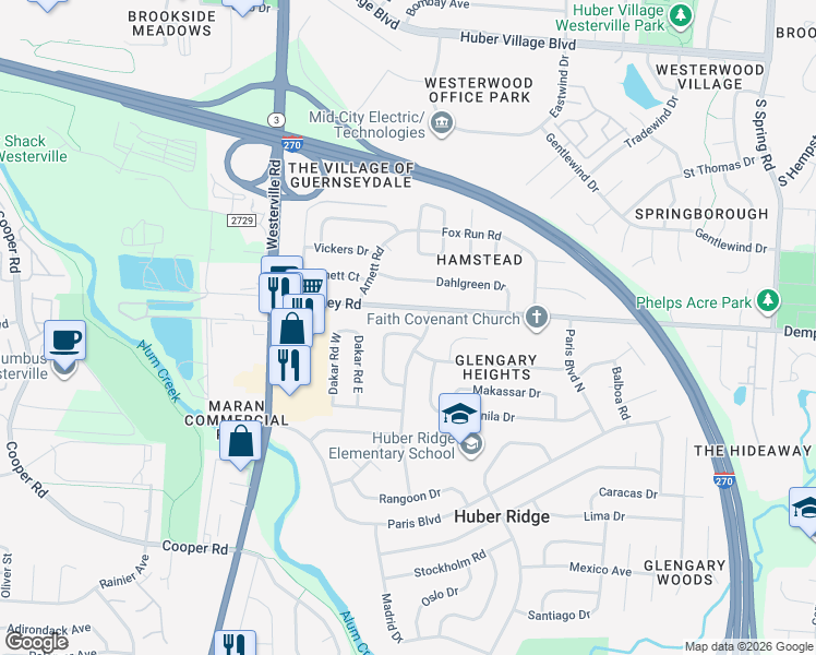 map of restaurants, bars, coffee shops, grocery stores, and more near 5983 Bangasi Rd in Westerville