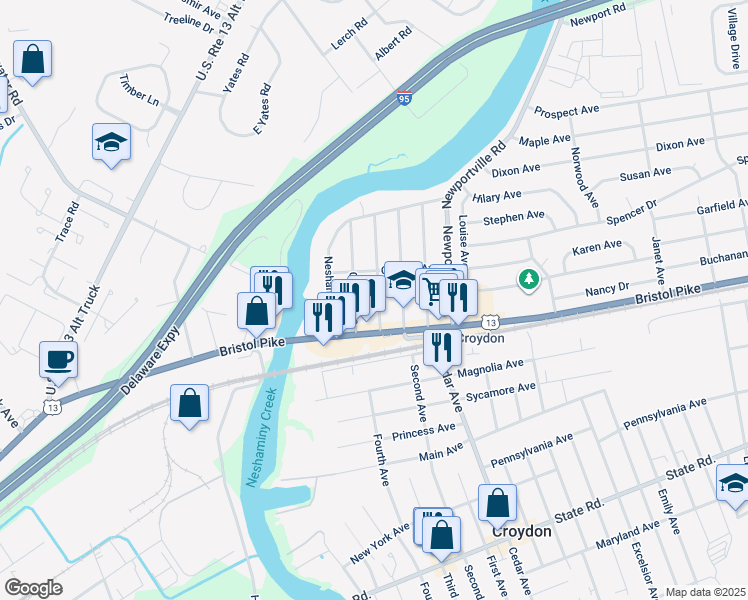 map of restaurants, bars, coffee shops, grocery stores, and more near 131 Hillcrest Avenue in Croydon