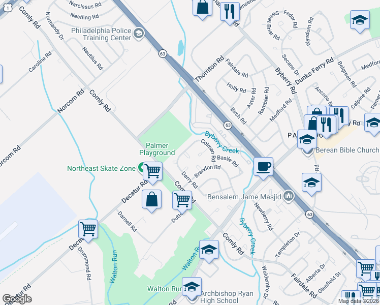 map of restaurants, bars, coffee shops, grocery stores, and more near 11745 Colman Road in Philadelphia