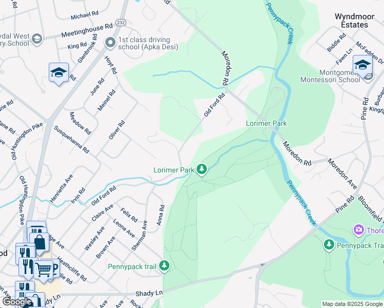 map of restaurants, bars, coffee shops, grocery stores, and more near 1247 Old Ford Rd in Huntingdon Valley