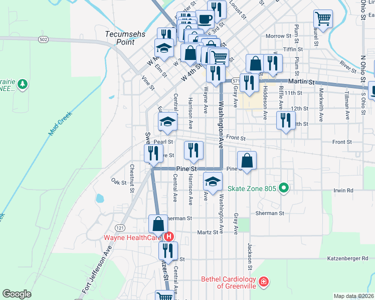 map of restaurants, bars, coffee shops, grocery stores, and more near 412 Harrison Avenue in Greenville