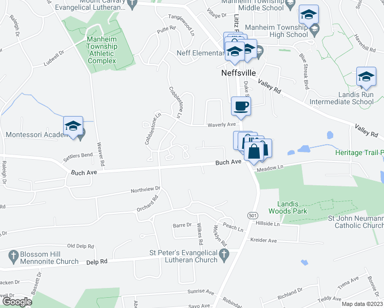 map of restaurants, bars, coffee shops, grocery stores, and more near 355 Cobblestone Lane in Lancaster