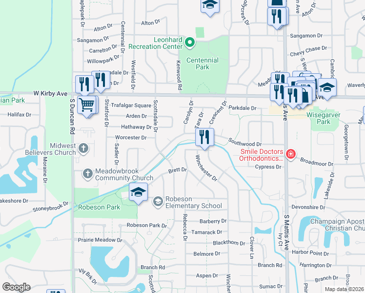 map of restaurants, bars, coffee shops, grocery stores, and more near 2310 Broadmoor Drive in Champaign