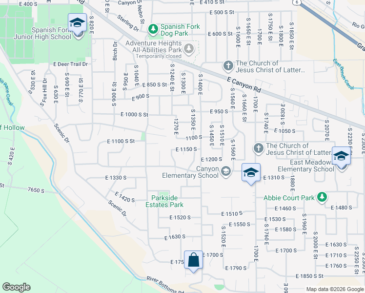 map of restaurants, bars, coffee shops, grocery stores, and more near 1293 East 1150 South in Spanish Fork