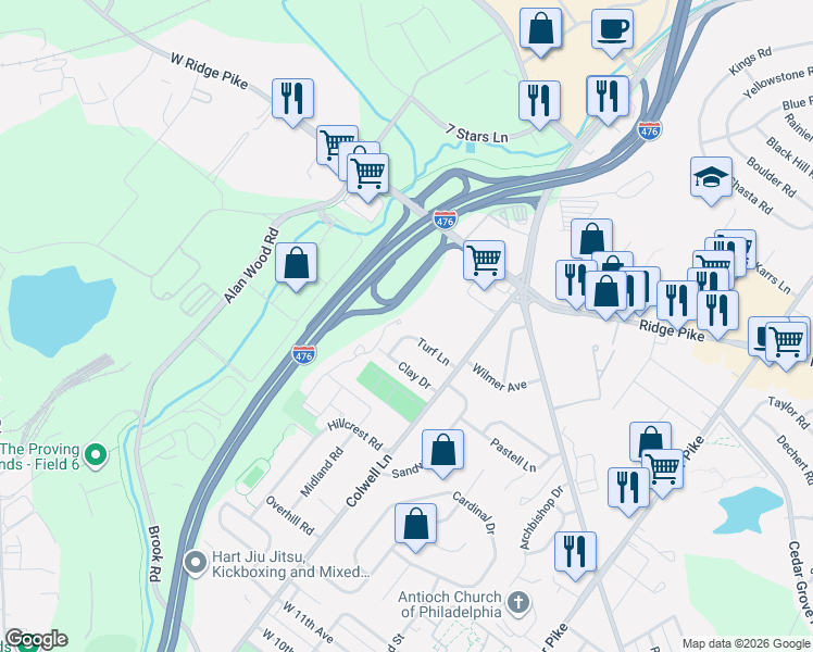 map of restaurants, bars, coffee shops, grocery stores, and more near 620 Turf Lane in Conshohocken