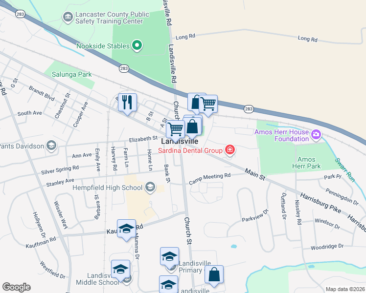 map of restaurants, bars, coffee shops, grocery stores, and more near 308 Main Street in Landisville