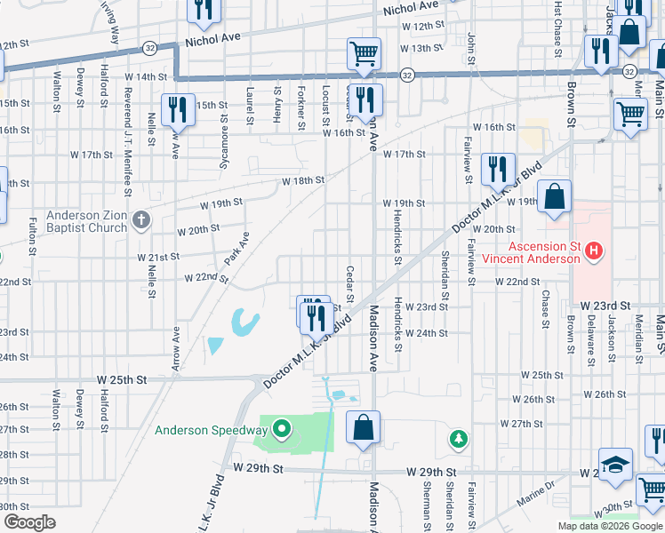 map of restaurants, bars, coffee shops, grocery stores, and more near 2111 Cedar Street in Anderson
