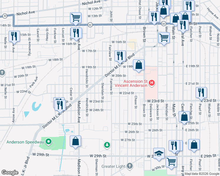 map of restaurants, bars, coffee shops, grocery stores, and more near 2115 Fairview Street in Anderson