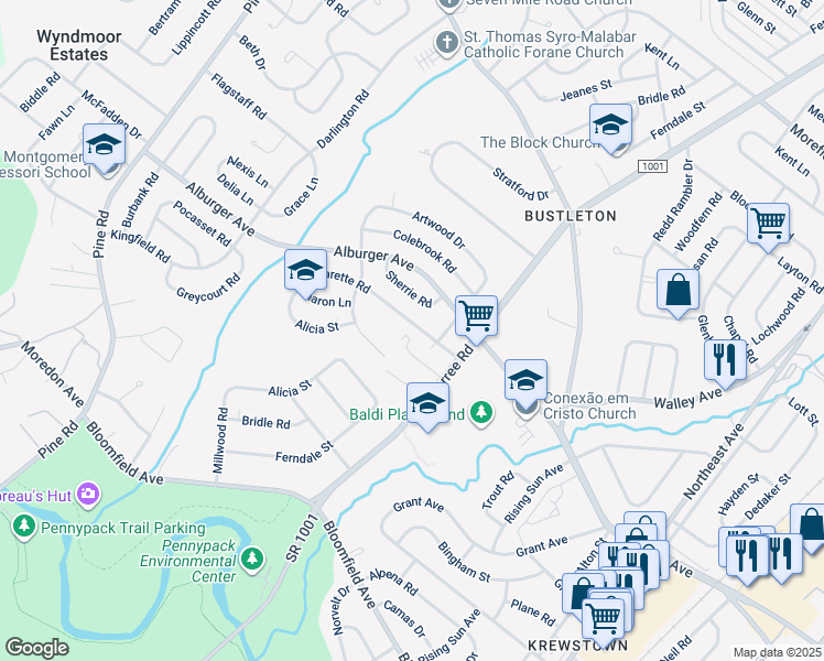 map of restaurants, bars, coffee shops, grocery stores, and more near 736 Charette Road in Philadelphia