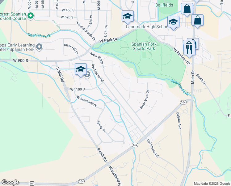 map of restaurants, bars, coffee shops, grocery stores, and more near 1142 River Ridge Lane in Spanish Fork