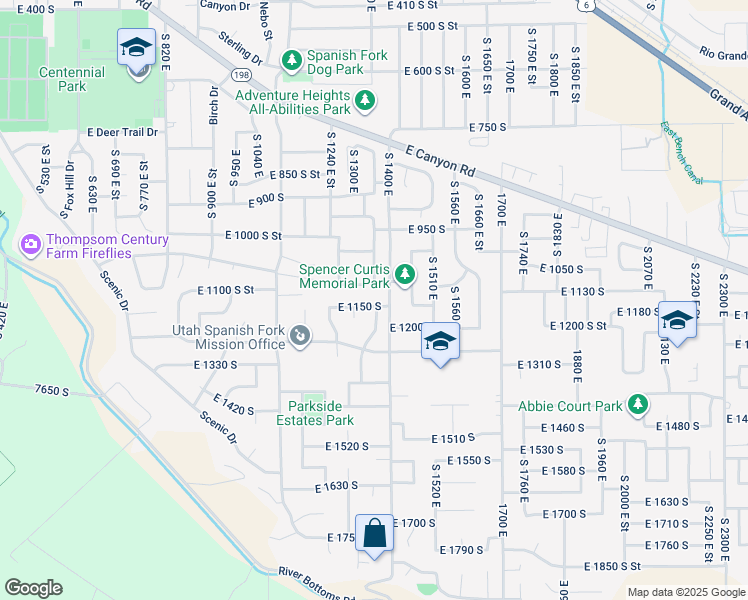 map of restaurants, bars, coffee shops, grocery stores, and more near 1339 East 1150 South in Spanish Fork
