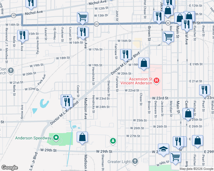 map of restaurants, bars, coffee shops, grocery stores, and more near 2111 Sheridan Street in Anderson