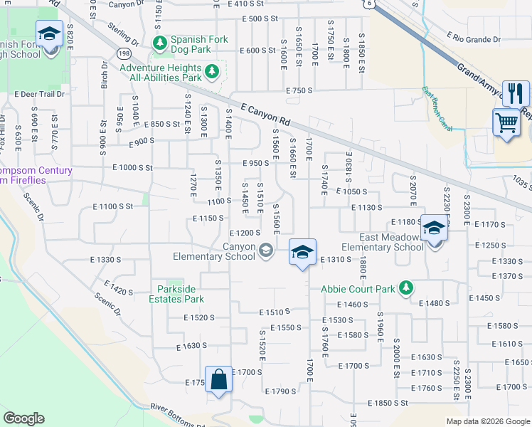 map of restaurants, bars, coffee shops, grocery stores, and more near 1141 South 1510 East in Spanish Fork