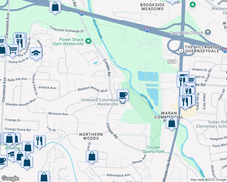 map of restaurants, bars, coffee shops, grocery stores, and more near 6075 Cooper Woods Drive in Westerville