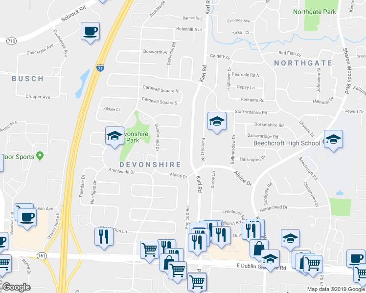 map of restaurants, bars, coffee shops, grocery stores, and more near 6266 Chelmsford Square S in Columbus
