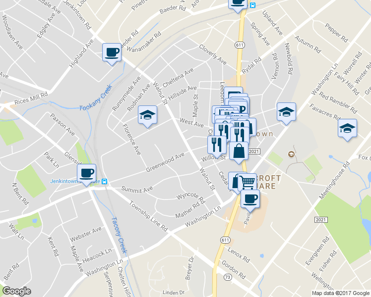 map of restaurants, bars, coffee shops, grocery stores, and more near 329 Greenwood Avenue in Jenkintown