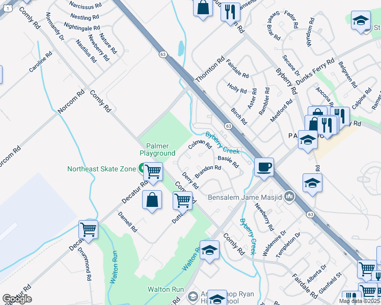 map of restaurants, bars, coffee shops, grocery stores, and more near 11739 Colman Place in Philadelphia