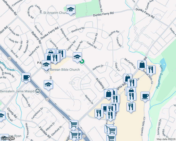 map of restaurants, bars, coffee shops, grocery stores, and more near 3626 Academy Road in Philadelphia