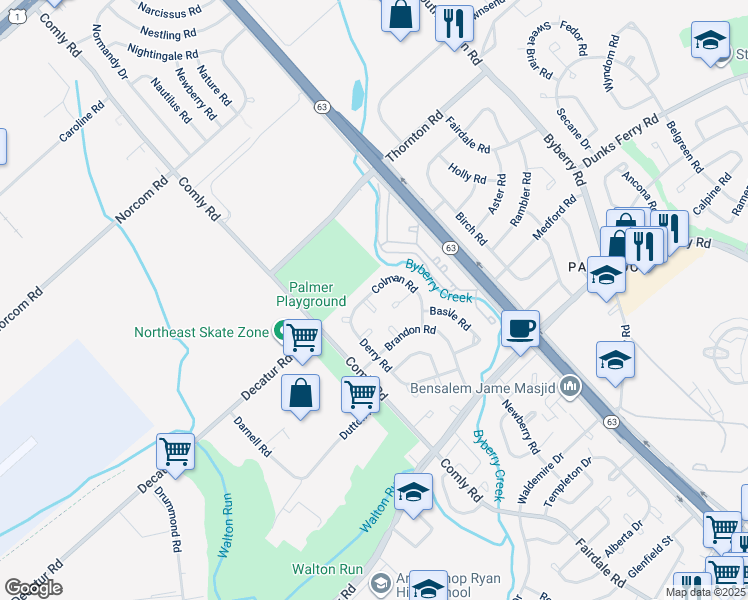 map of restaurants, bars, coffee shops, grocery stores, and more near 11739 Colman Place in Philadelphia