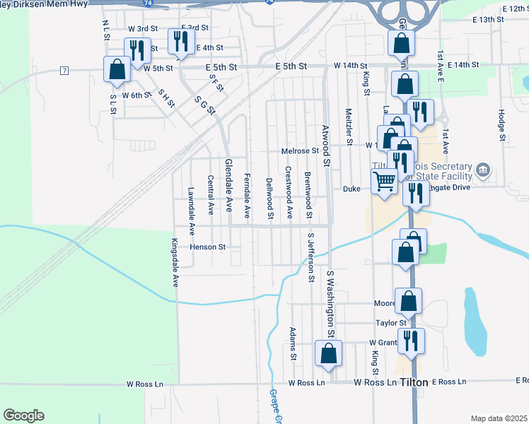 map of restaurants, bars, coffee shops, grocery stores, and more near 800-898 Ferndale Avenue in Tilton