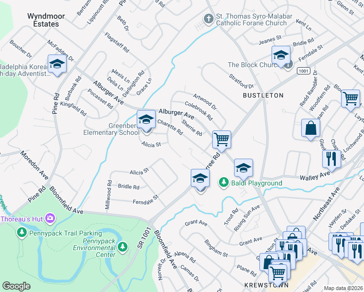 map of restaurants, bars, coffee shops, grocery stores, and more near 8753 Ferndale Street in Philadelphia