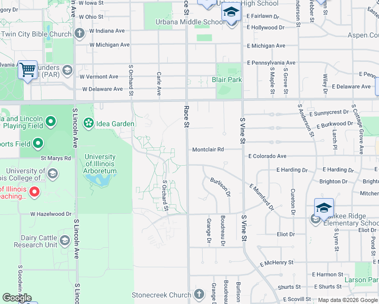 map of restaurants, bars, coffee shops, grocery stores, and more near 3 Montclair Road in Urbana