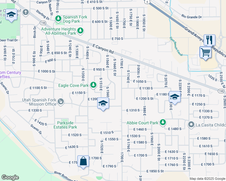 map of restaurants, bars, coffee shops, grocery stores, and more near 1138 South 1660 East Street in Spanish Fork