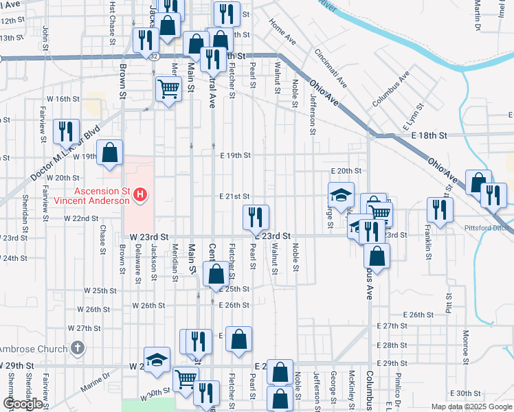 map of restaurants, bars, coffee shops, grocery stores, and more near 2116 Pearl Street in Anderson