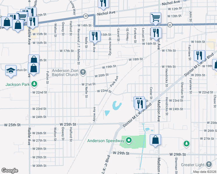 map of restaurants, bars, coffee shops, grocery stores, and more near 2135 Harris Avenue in Anderson