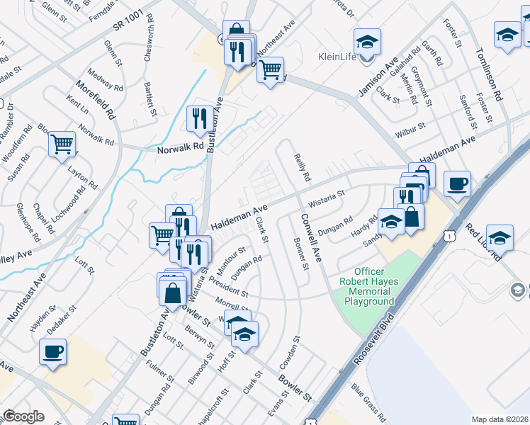 map of restaurants, bars, coffee shops, grocery stores, and more near 9825 Haldeman Avenue in Philadelphia