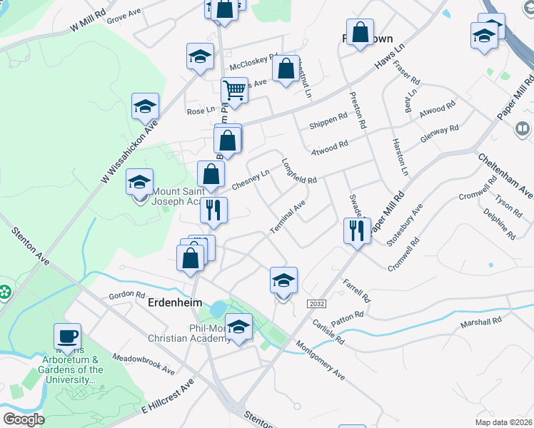 map of restaurants, bars, coffee shops, grocery stores, and more near 807 Glendalough Road in Erdenheim