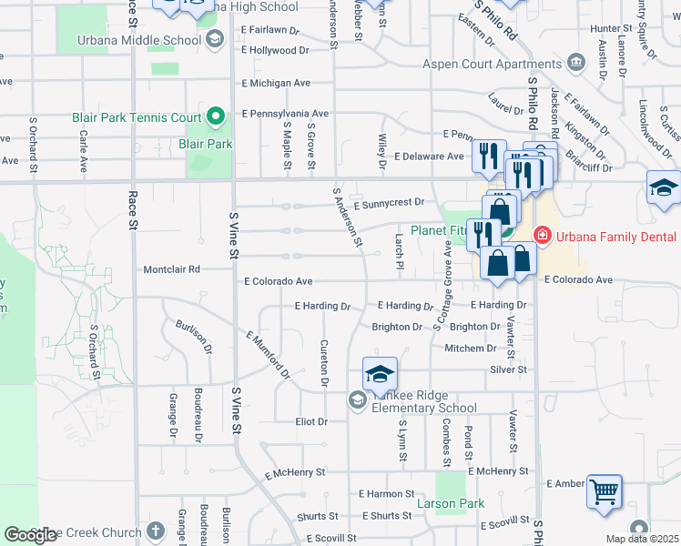 map of restaurants, bars, coffee shops, grocery stores, and more near 610 E Colorado Ave in Urbana