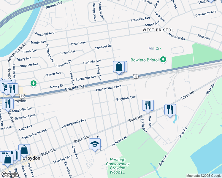 map of restaurants, bars, coffee shops, grocery stores, and more near 2114 Pennsylvania Avenue in Croydon